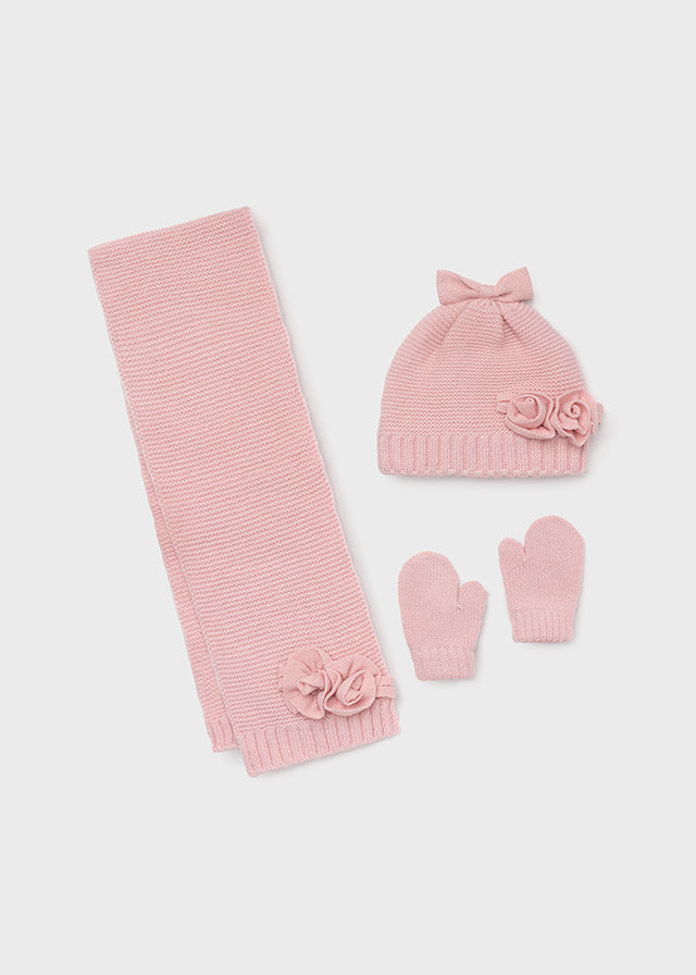 Set cappello e sciarpa fiori neonata 10105 Rosa